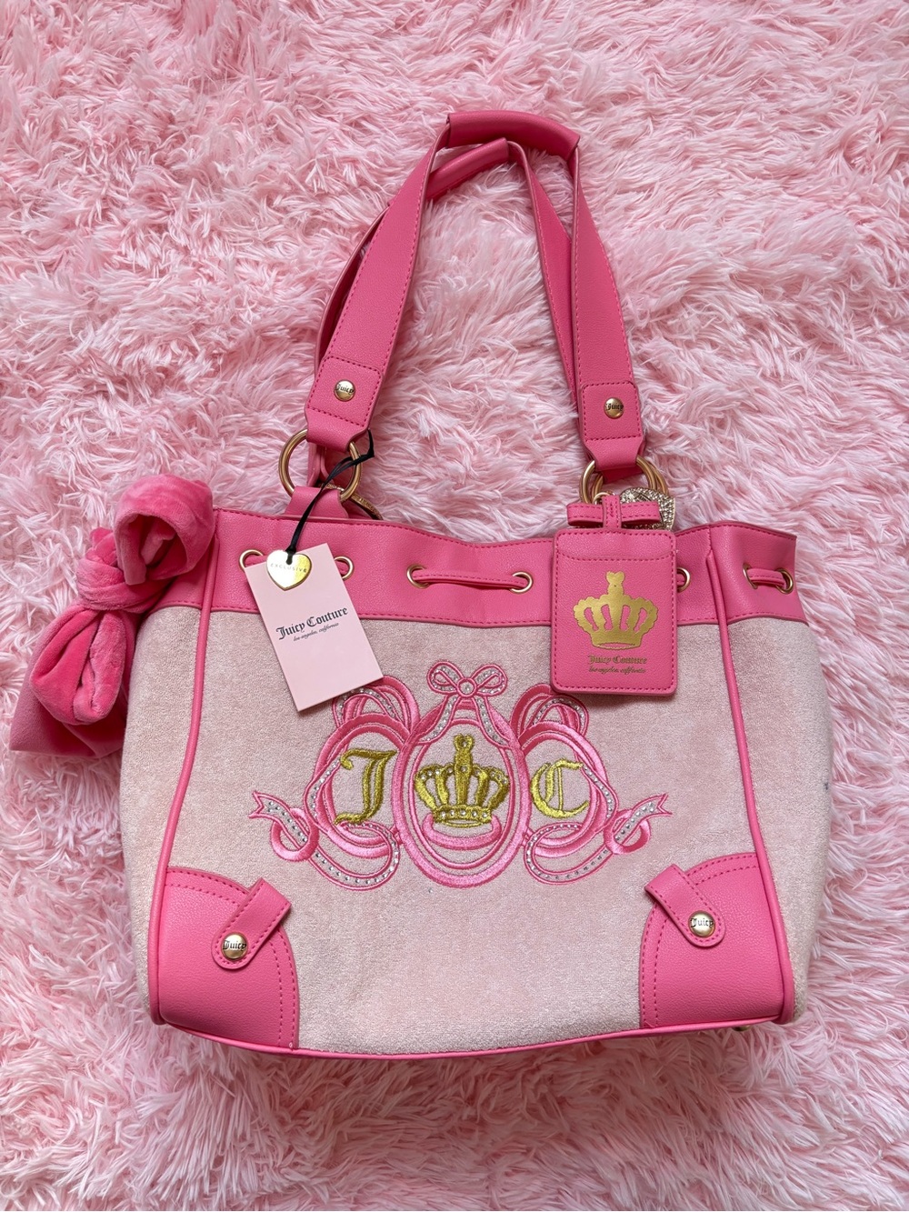 Juicy Couture Hot Pink and Light Pink Embroidered Tote with Gold Accents